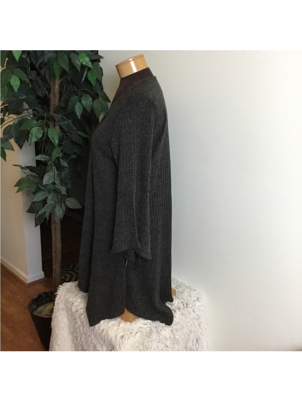 Relativity Charcoal Ribbed Open Front Cardigan XL Waterfall Hem - Picture 3 of 16